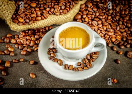 White espresso coffee cup burlap sack Stock Photo