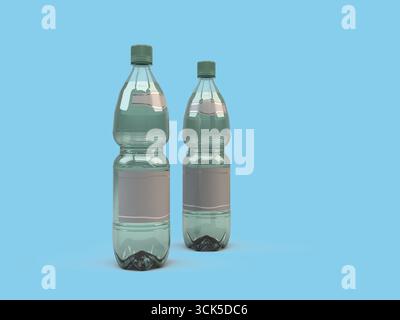 Two plastic water bottles with transparent bodies and caps, designed for beverage storage and consumption. Stock Photo