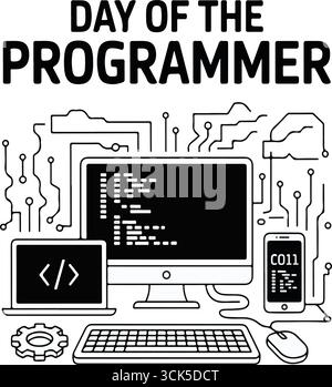 Minimalist programming poster design in hand-drawn style with programming elements Stock Vector