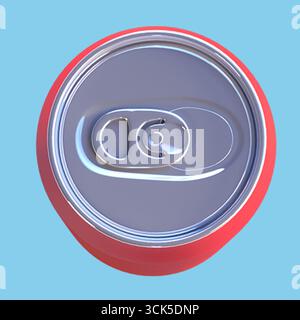 A top view of a red beverage can, showcasing the pull-tab mechanism for opening. Stock Photo