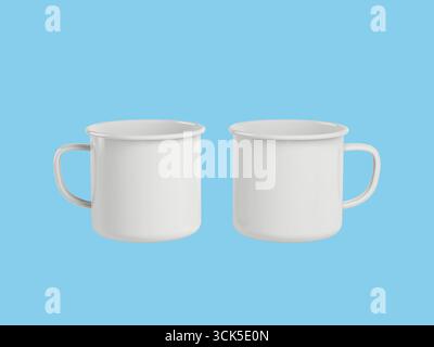 Two simple white mugs with handles, suitable for serving beverages. Stock Photo