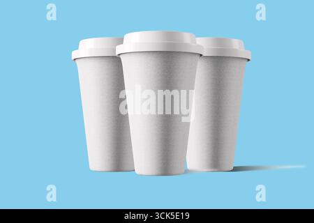 Three disposable cups with lids, designed for beverages, showcasing a minimalist aesthetic. Stock Photo