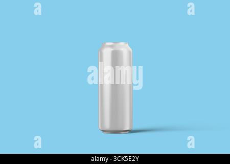 A simple, shiny silver can standing upright against a transparent background, likely intended for beverages. Stock Photo