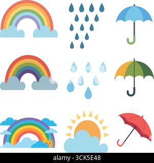 Weather icon set illustration with rainbows, raindrops, umbrellas, sun, and clouds Stock Vector