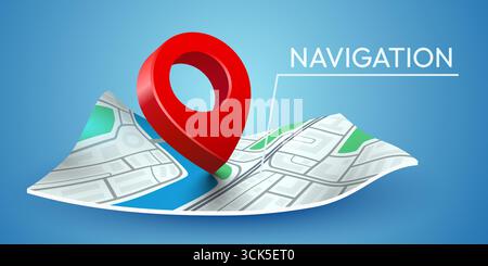 Folded maps navigation with red road pin. Vector illustration Stock Vector