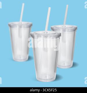 Three clear plastic cups with straws, ideal for beverages. Stock Photo