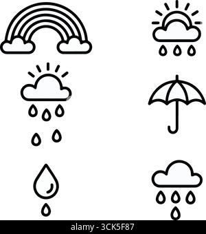 Black and white weather icon set illustration with rainbows, raindrops, umbrellas, sun, and clouds Stock Vector