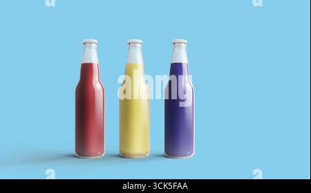 Three glass bottles filled with vibrant colored liquids, showcasing a variety of drink options. Stock Photo