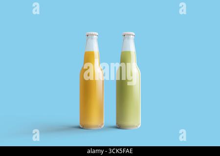 Two glass bottles filled with different colored beverages, one yellow and one green, casting shadows on a plain background. Stock Photo