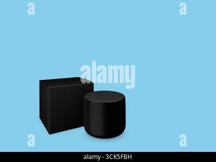 A minimalist black jar and box, likely used for cosmetic or skincare products. Stock Photo