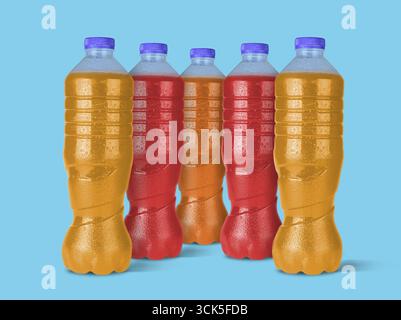 A collection of colorful beverage bottles, showcasing vibrant yellow and red drinks, ideal for refreshment and hydration. Stock Photo