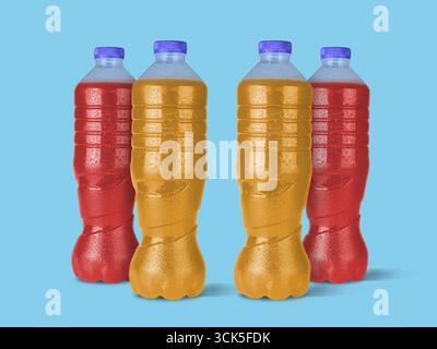 Four colorful plastic bottles filled with beverages, showcasing vibrant orange and red liquids. Stock Photo