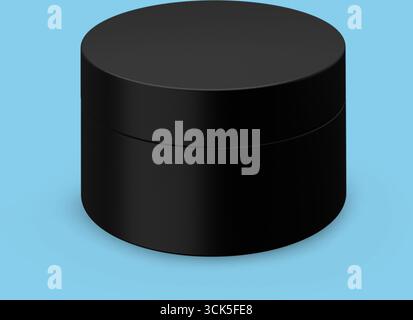 A sleek, round black container with a smooth surface, likely designed for cosmetic or skincare products. Stock Photo