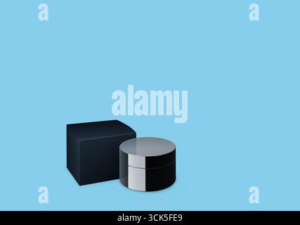A sleek black and silver packaging design featuring a cylindrical container and a rectangular box. Stock Photo