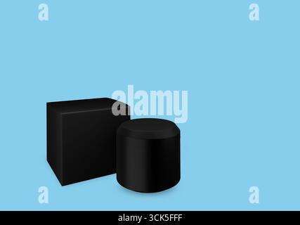 A black cylindrical container next to a black rectangular box, both on a plain background. Stock Photo