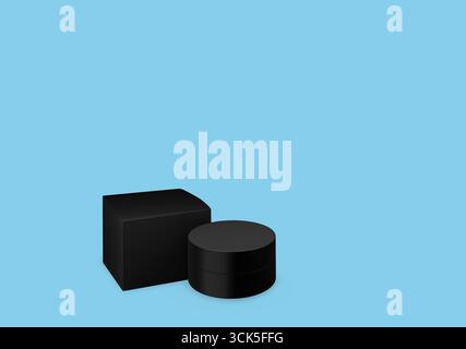 A minimalist black packaging design featuring a cylindrical container and a rectangular box. Stock Photo