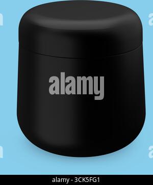 A simple black container with a smooth, rounded lid, likely used for storage or packaging. Stock Photo