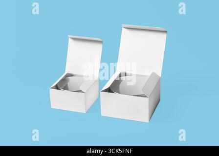 Two white takeout boxes, one larger and one smaller, with open flaps, suitable for food packaging. Stock Photo