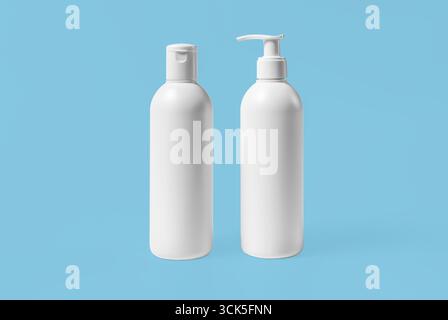Two white cosmetic bottles, one with a pump, set against a gray background, ideal for personal care products. Stock Photo