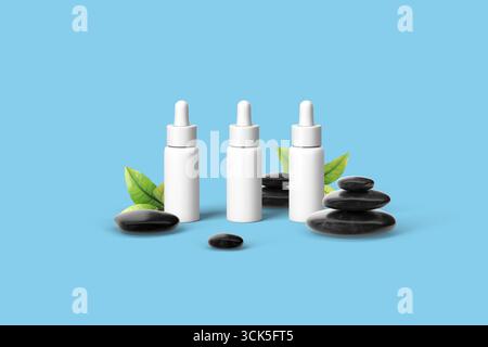 Three white dropper bottles surrounded by smooth stones and green leaves, suggesting a natural skincare or wellness theme. Stock Photo