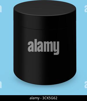 A sleek, black cylindrical container with a smooth lid, likely used for storage or packaging. Stock Photo
