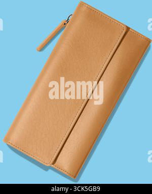 A sleek, tan wallet made of leather, designed for organizing cash, cards, and small items. Stock Photo