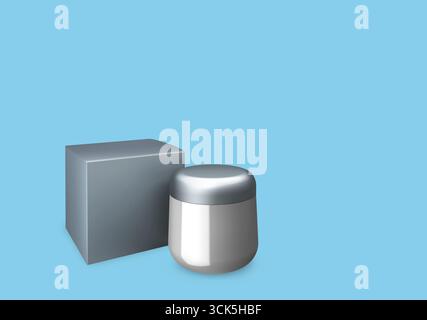 A sleek silver and white cosmetic jar next to a square box, suggesting skincare or beauty product packaging. Stock Photo