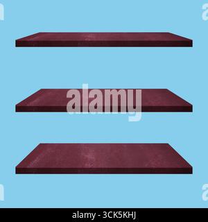 A set of three empty shelves with a dark red texture, suitable for displaying items or decor. Stock Photo