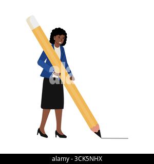 A professional woman in a blue blazer and black skirt stands confidently while holding an exaggerated pencil. She is focused on drawing on the ground, Stock Vector