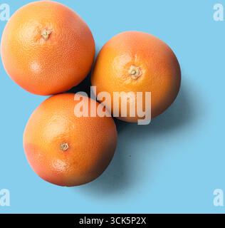 Three round, orange grapefruits arranged closely, showcasing their textured skin and shadows. Stock Photo