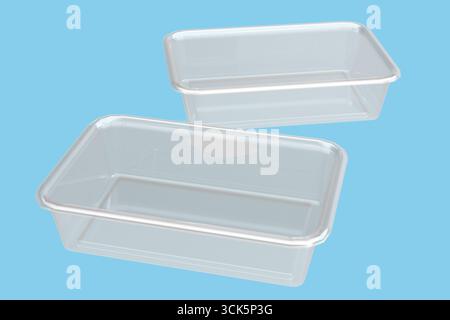 Two transparent plastic containers stacked, commonly used for food storage or takeout. Stock Photo