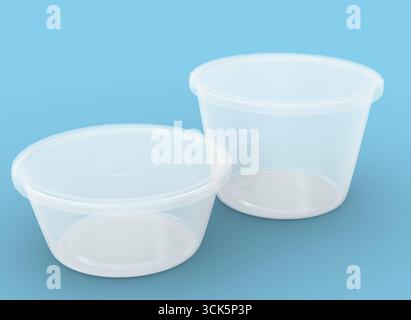 Two transparent plastic containers with lids, suitable for food storage or takeout purposes. Stock Photo