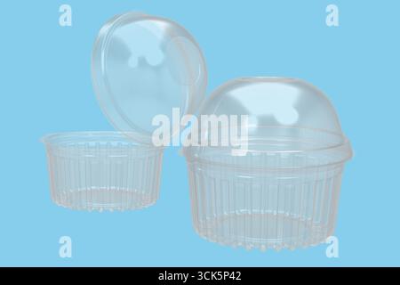 Two clear plastic containers with lids, often used for food storage or takeout. Stock Photo