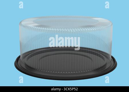 A clear plastic cake dome with ridged edges, designed to cover and protect baked goods like cakes or pastries. Stock Photo