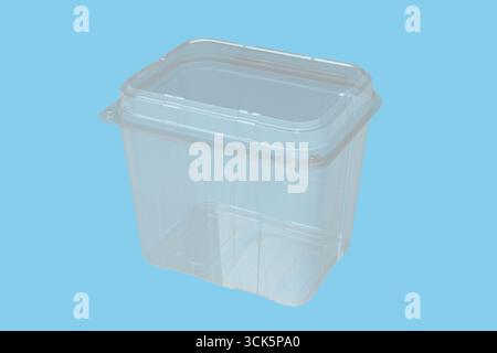 A transparent plastic container with a square shape, designed for storage and organization. Stock Photo
