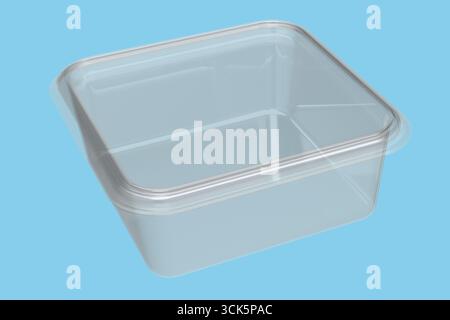 A clear, square plastic container with a lid, commonly used for food storage or packaging. Stock Photo