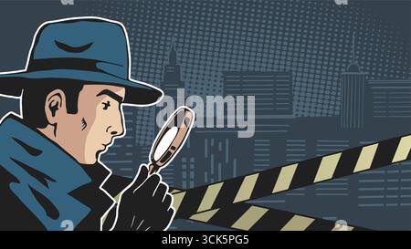 Vector banner in retro noir style with male detective holding magnifying glass and police line. City background, place for text, crime scene concept. Stock Vector