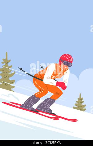 Vertical vector poster of woman skier racing downhill on snowy slope. Winter sport, competition, active lifestyle and fitness concept. Place for text, Stock Vector