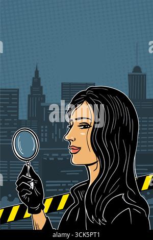 Vertical vector poster in noir pop art style with beautiful female detective holding magnifying glass and police tape. City skyline background, crime Stock Vector
