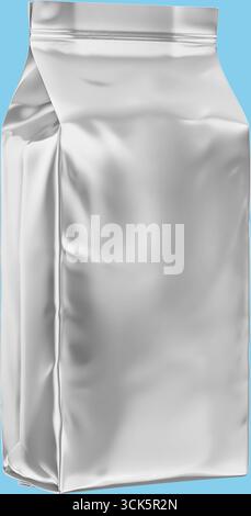 A shiny, silver packaging pouch, typically used for storing food or drinks, designed for freshness and convenience. Stock Photo