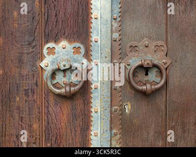 Historic iron door knocker with strike plate on old wooden gate. Close-up. Copyspace Stock Photo