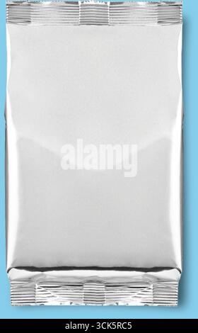 A shiny, silver foil package with a smooth surface, typically used for food or product packaging. Stock Photo