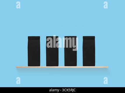 A minimalist design featuring four black rectangular containers on a wooden base, suggesting a modern aesthetic. Stock Photo