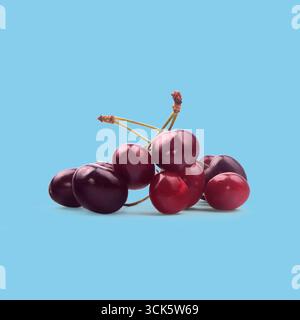 A cluster of dark red cherries with stems, showcasing their glossy surface and vibrant color. Stock Photo