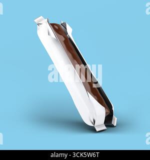 A chocolate-covered snack bar wrapped in silver packaging, ready for consumption. Stock Photo