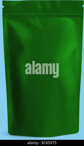 A plain green packaging pouch, typically used for food or product storage. Stock Photo