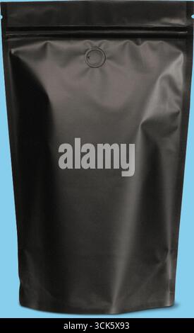 A black resealable pouch, typically used for packaging food or products. Stock Photo