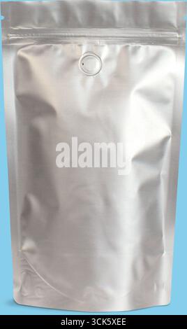 A silver, resealable pouch typically used for packaging food or other products. Stock Photo