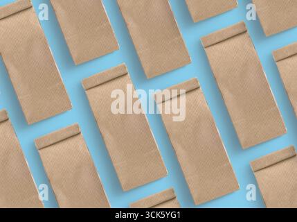 A pattern of brown paper bags arranged in a grid. Stock Photo