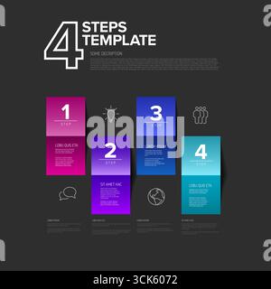 An infographic template presenting four steps. This colorful 4-step infographic template uses numbered boxes to illustrate a clear four-step process f Stock Vector